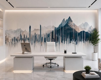 Mountain City Wall Mural, Modern Office Wallpaper, Urban Skyline Wall Art, Executive Workspace Decor, Corporate Nature Mural, 674mv