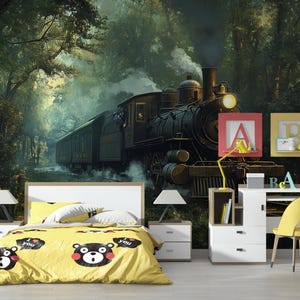 Vintage Steam Train Wall Mural for Kids Room – Adventure Forest Railway Wallpaper Vn224