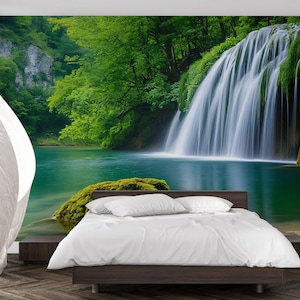 Waterfall Forest Wall Mural – Nature Bedroom Decor – Scenic Waterfall Wallpaper – Tranquil Green Landscape Mural Vn694