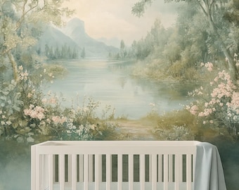 Floral Lake Wall Mural – Nature Landscape Wallpaper for Kids Room Vn973