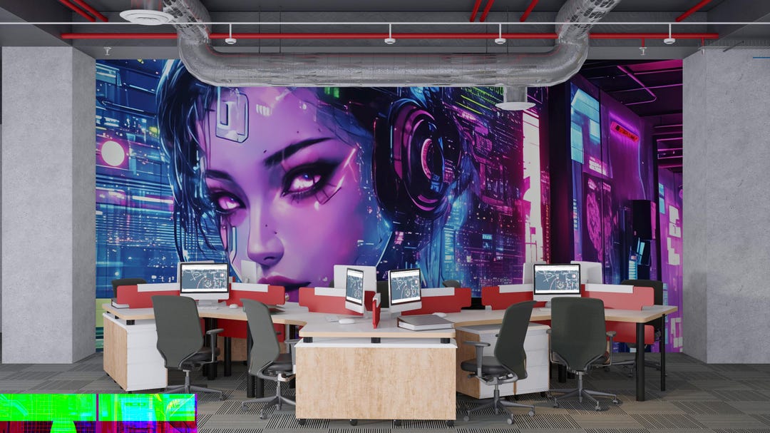 Cyberpunk Office Wall Art - Futuristic Gamer Mural Print - Sci-fi Tech ...