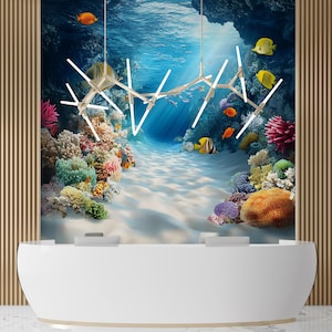 Underwater Ocean Wall Mural for Office or Reception | 3D Coral Reef Wallpaper | Tropical Fish Aquarium Scene | Sea Themed Wall Art Vn008