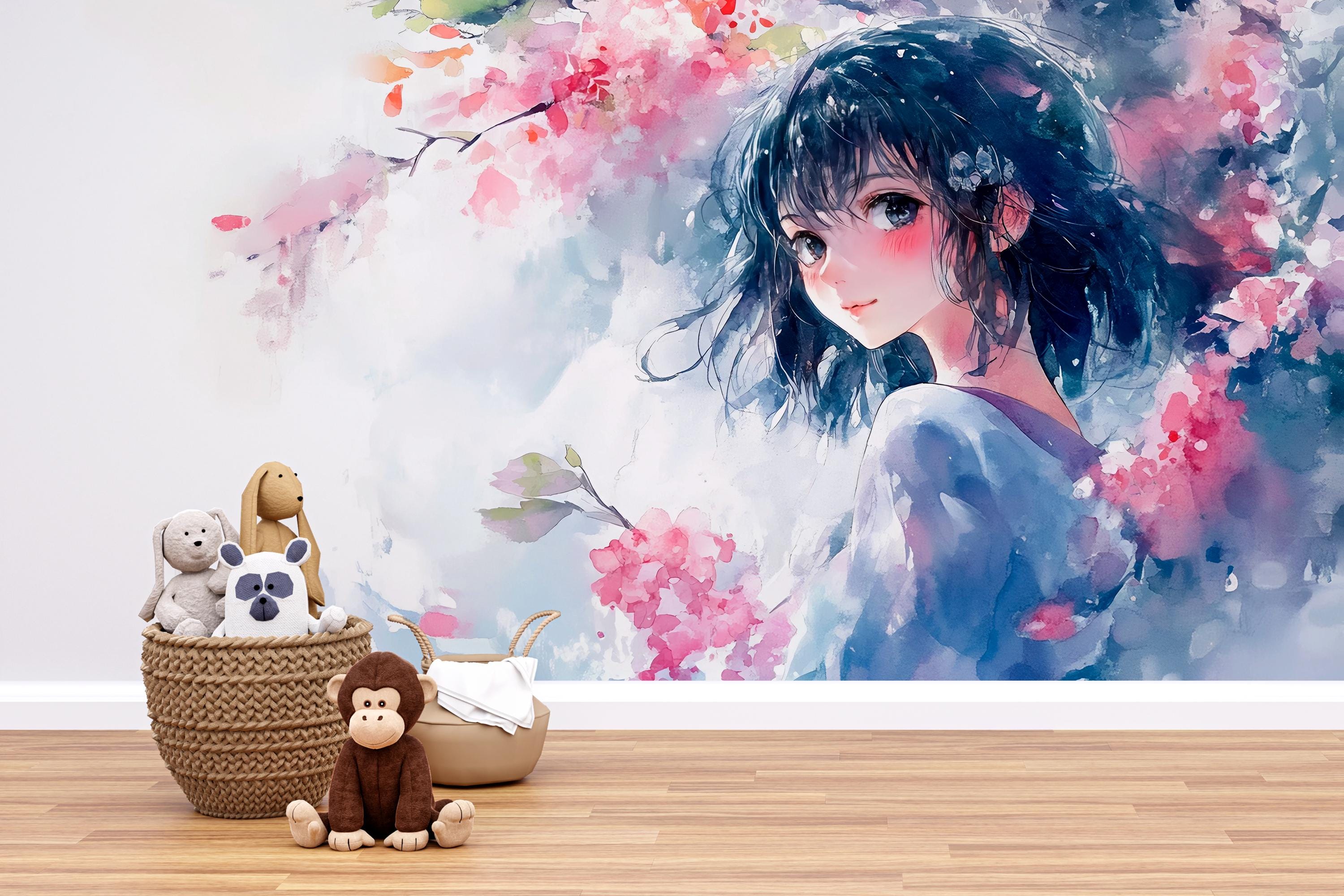 水彩画風アニメガール壁画 - 子供部屋に最適なソフトパステル調の日本