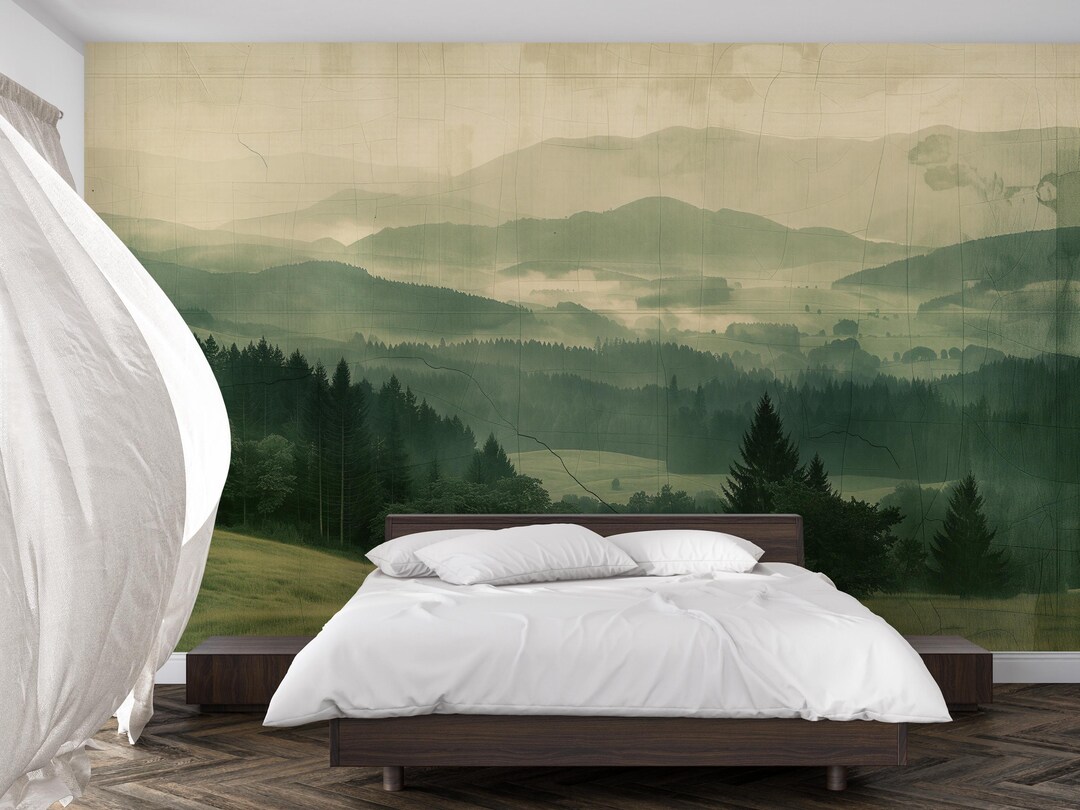 Green Forest Wall Mural – Misty Mountain Landscape Wallpaper for ...