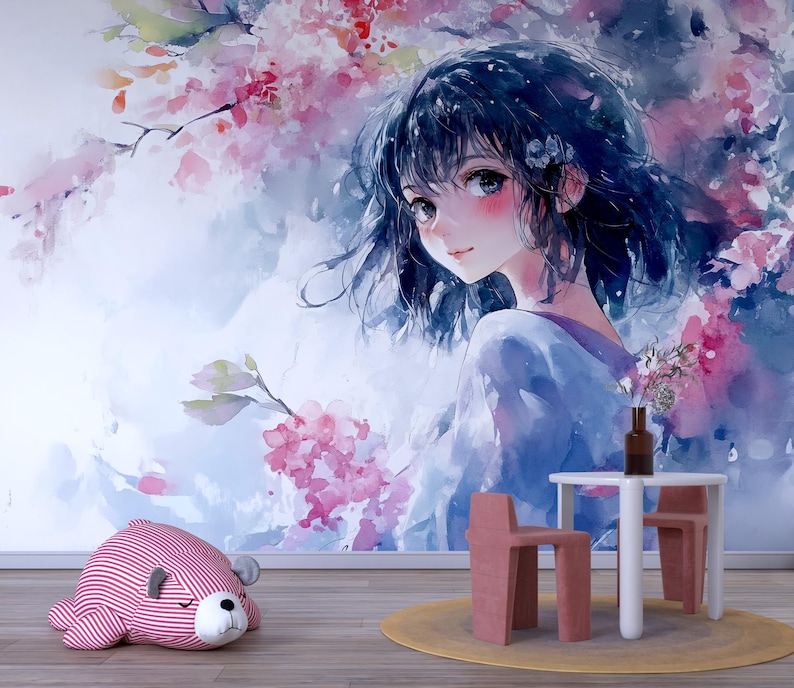 Watercolor Anime Girl Wall Mural – Soft Pastel Japanese Art for Kids ...