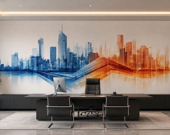 Blue Orange City Skyline Wall Mural, Modern Office Wallpaper, Executive Workspace Decor, Corporate Urban Wall Art, 677mv