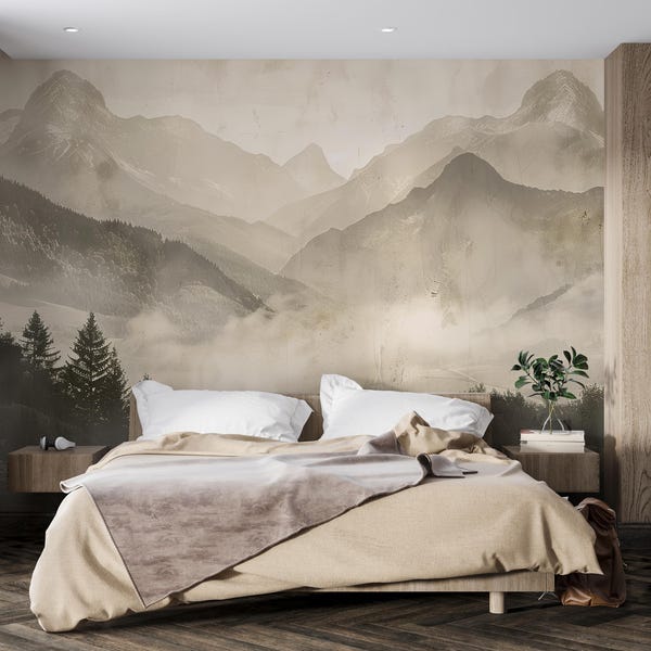 Sepia Mountain Wall Mural – Foggy Forest Landscape Wallpaper for Bedroom Vn1008
