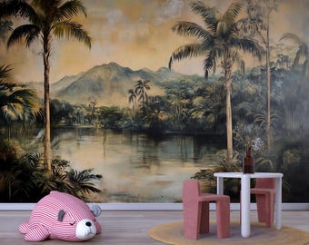 Mural de pared vintage tropical: Papel pintado con paisaje de selva y palmeras Vn828