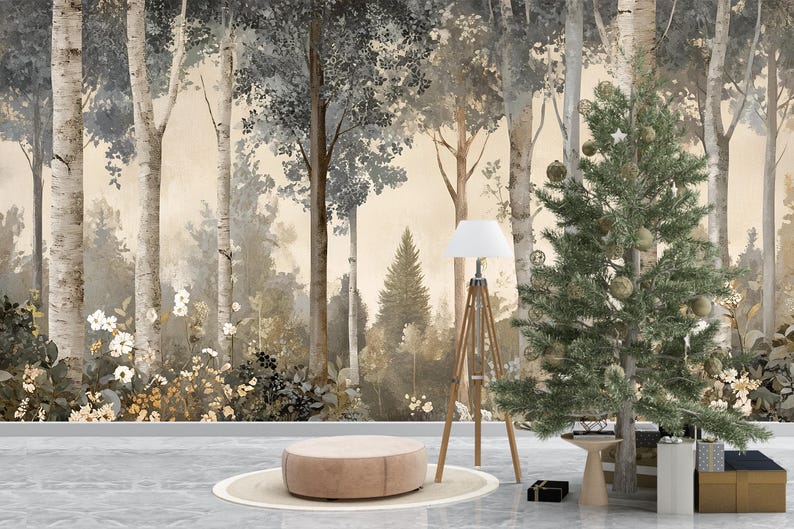 Forest Wall Mural – Neutral Tree Wallpaper, Scandinavian Nature Wall