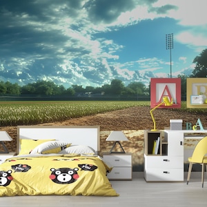Baseball Field Wall Mural – Sports Themed Wallpaper for Boys Room or Man Cave – Stadium Sunset Large Wall Art Decor Vn525