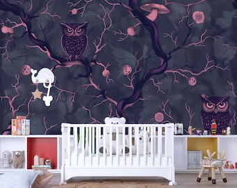 Papel de parede Dark Owl Forest – Mural de parede Enchanted Woodland Vn1096