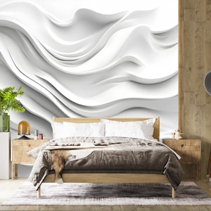 3D Abstract Wave Wall Mural – White Textured Wallpaper for Bedroom – Modern Minimalist Large Wall Art – Peel & Stick or Paste Vn236