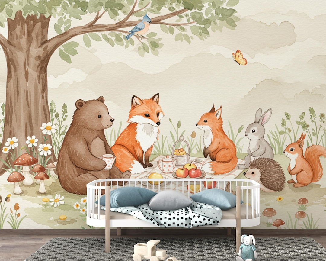 Watercolor Woodland River Wallpaper Mural | Bear, Fox & Bunny Wall Art ...