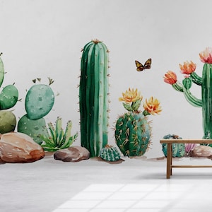 Vinilo decorativo de cactus en acuarela: Mural de plantas desérticas para sala de estar, arte bohemio del suroeste 072mv