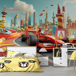 Kids Race Car Wall Mural – Colorful Formula 1 Cityscape Wallpaper for Boys Room Vn371