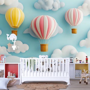 Hot Air Balloon Nursery Wall Mural – Whimsical Cloud & Sky Wallpaper for Kids Room, Playroom Decor, Gender Neutral Baby Room Art Vn374