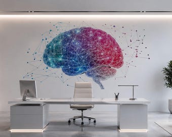 Brain Wall Mural, AI Office Wallpaper, Neural Network Wall Art, Modern Tech Workspace Decor, Startup Innovation Mural, 667mv