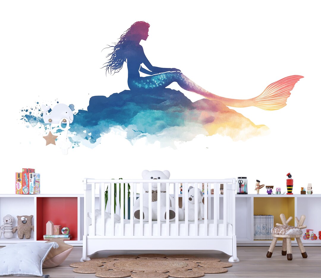 Watercolor Mermaid Wall Decal for Nursery, Mermaid Nursery Decor, Ocean ...