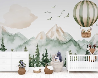 Wald Wald Berge Wandbild für Kinderzimmer - Heißluftballon Tiere Kinderzimmer Tapete - Abenteuer Babyzimmer Dekor Vn444