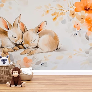 Watercolor Bunny Wall Mural for Nursery – Sleeping Rabbits Floral Wallpaper – Neutral Woodland Animal Baby Room Decor Vn623