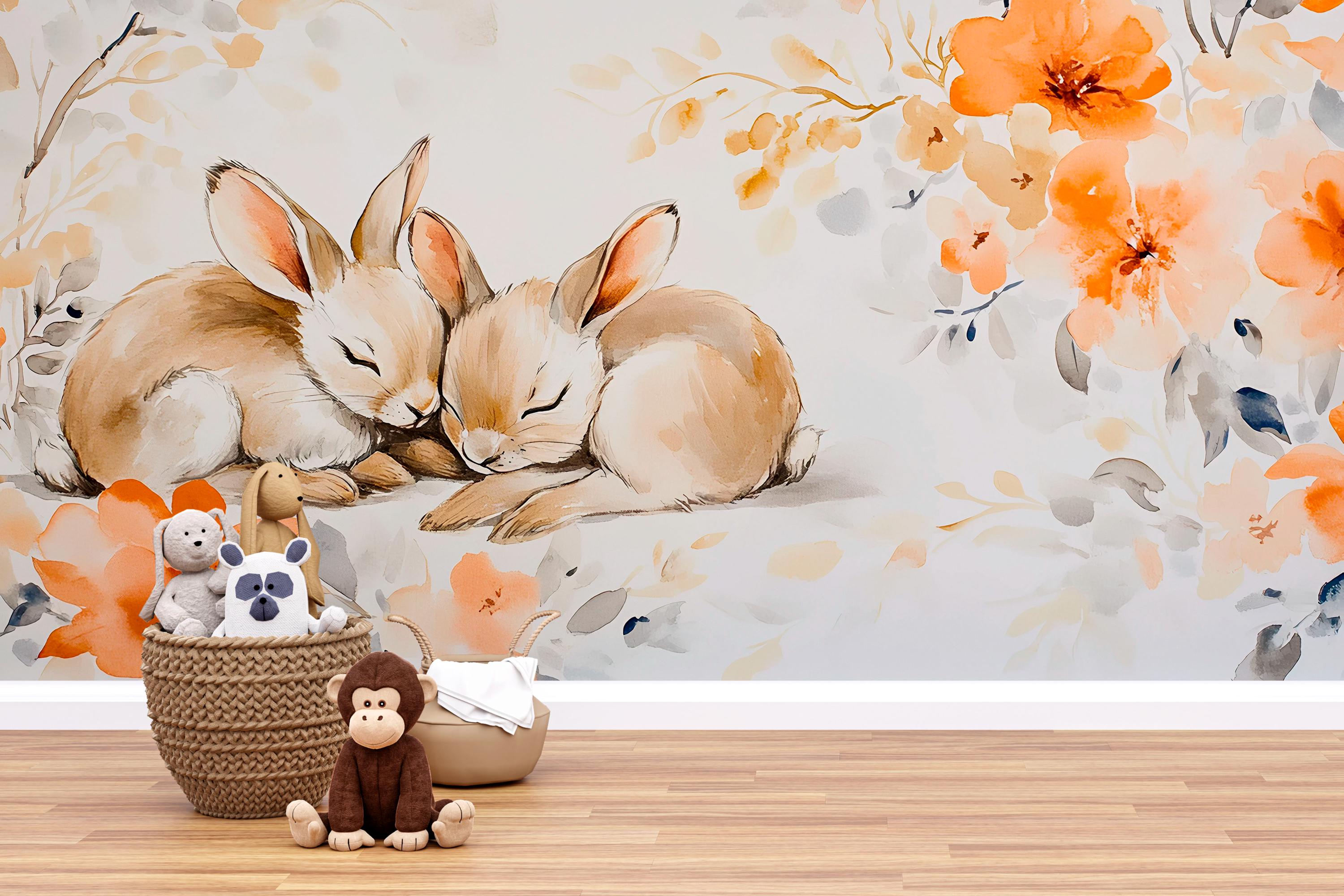 水彩壁絵watercolor“The Chilling Bunny Bunny” Watercolor Bunny Wall Mural for Nursery – Sleeping Rabbits Floral