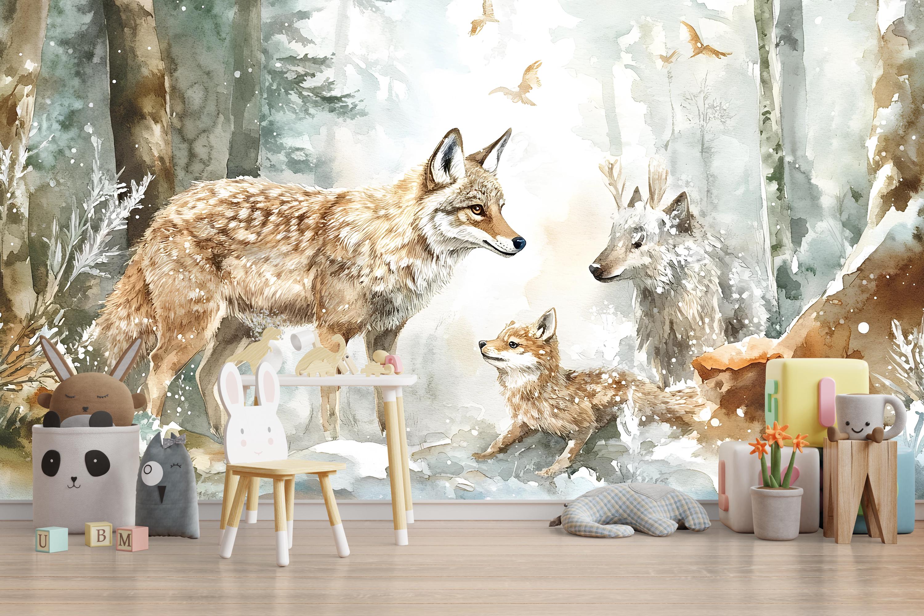 Woodland Animal Wall Mural for Kids Room – Forest Fox Deer Cub ...