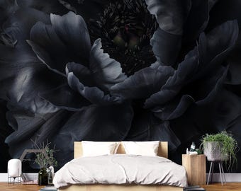 Black Floral Mural Wallpaper – Dark Oversized Peony Wall Art for Bedroom Décor Vn1048