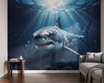 Underwater Shark Wallpaper Mural | Shark Lover Ocean Wall Art | Ocean Nursery Wallpaper | Kids Room | Shark wall Mural 472DE