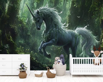 Magical Unicorn Forest Nursery Wall Mural – Fantasy Woodland Baby Room Decor, Fairy Tale Animal Wallpaper for Kids Vn 302