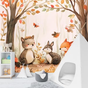 Woodland Animal Nursery Wall Mural - Forest Friends Wallpaper for Kids Room - Cute Bear Deer Fox Wall Art - Nature Baby Room Decor Vn060