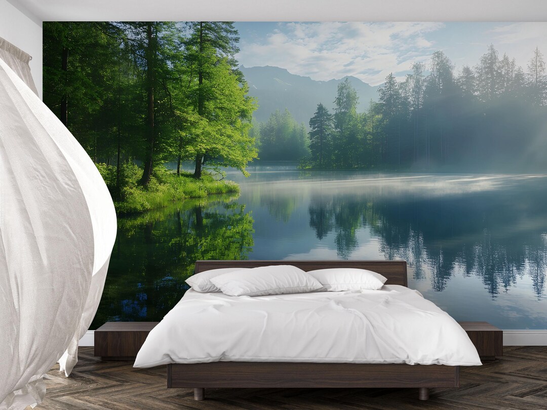 Lake Forest Wall Mural – Nature Scenic Wallpaper, Serene Mountain Lake ...