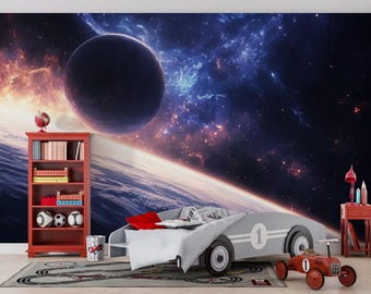 Mural de pared de planetas espaciales: papel tapiz galáctico con estrellas y nebulosas, pared con acento cósmico para sala de estar o dormitorio Vn865