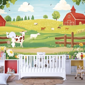 Farm Animal Wall Mural for Nursery – Cute Cow & Barnyard Scene – Kids Room Wallpaper – Pastoral Wall Art – Removable Vinyl Decal Vn625