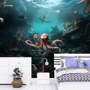 Underwater Octopus Wall Mural | Ocean Scene Bedroom Decor | Nautical Sea Life Art Print for Home Interiors Vn009