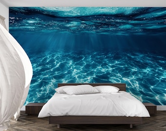 Mural de pared de olas submarinas - Papel pintado 3D realista de agua de mar para dormitorio, decoración costera Vn742