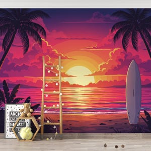 May include: A vibrant wall mural depicting a tropical sunset scene. The artwork features palm trees, a surfboard, and a wooden ladder adorned with string lights. The sky transitions from deep purple to fiery orange, reflecting on the ocean.