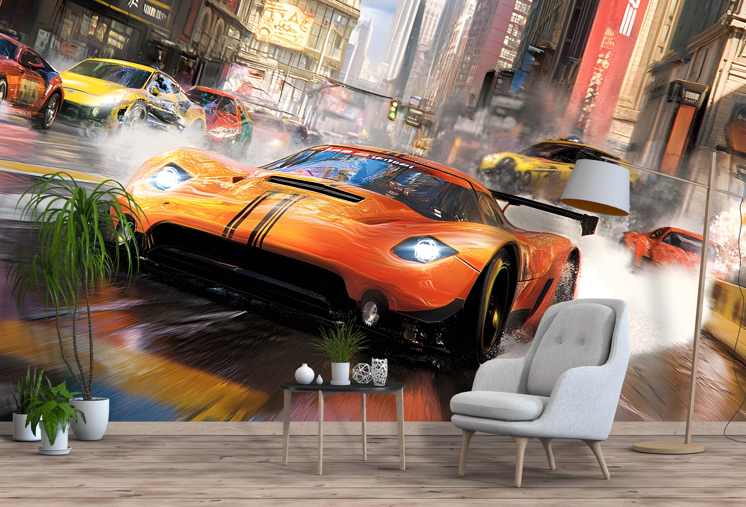 Racing Car Wall Mural – Urban Street Race Scene, Sports Car Wallpaper ...