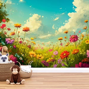 Whimsical Floral Meadow Wall Mural for Kids Room – Vibrant Nature Wallpaper Vn706