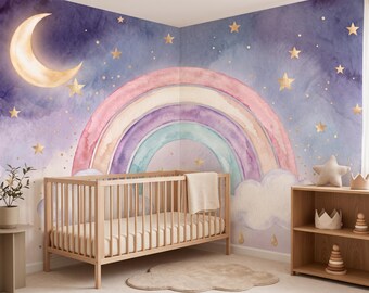 Moon Rainbow Wallpaper, Watercolor Nursery Wall Mural, Pastel Rainbow, Clouds & Gold Stars, Celestial Kids Room Decor 467DE