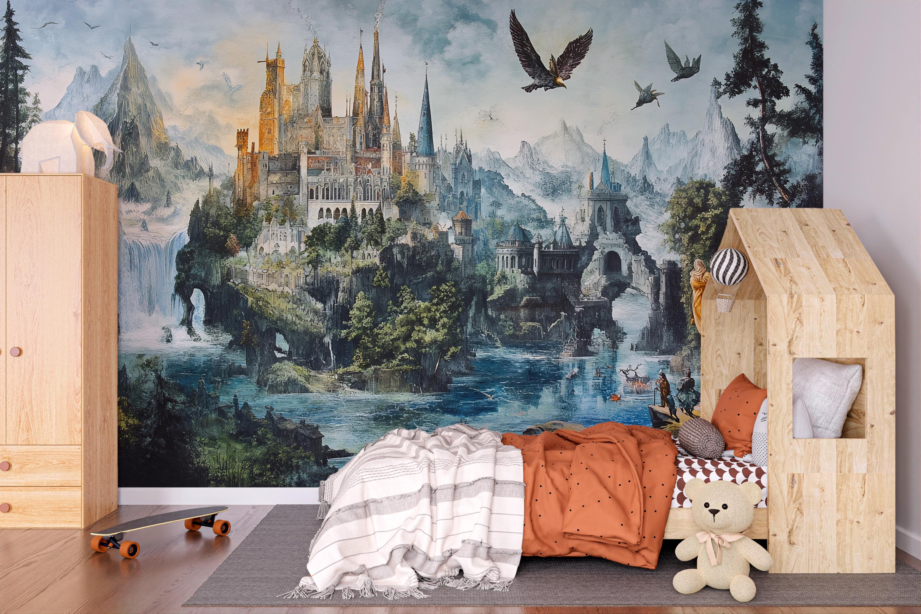 Fantasy Castle Wall Mural for Kids Room – Magical Fairytale Kingdom ...