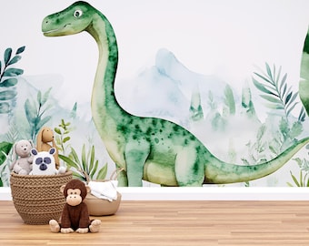 Watercolor Dinosaur Wall Mural for Kids Room – Green Jungle Dino Nursery Wallpaper – Playroom Decor – Removable Peel & Stick Vn404