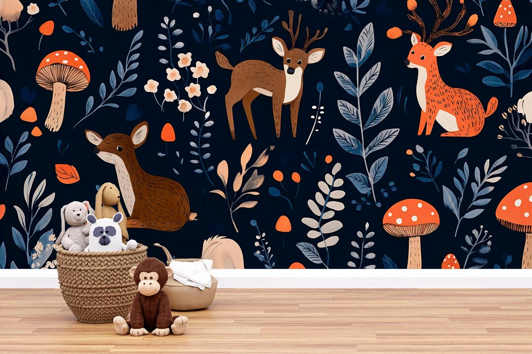 Woodland Nursery Wallpaper – Forest Animal Wall Mural – Kids Room Deer ...