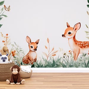 Whimsical Deer Wall Mural for Nursery – Woodland Baby Room Décor – Removable Vinyl Sticker – Forest Animal Vn340