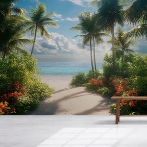 May include: A scenic beach landscape with palm trees, lush green foliage, and vibrant orange flowers. The path leads to a sandy beach and turquoise water under a partly cloudy sky. A wooden bench and decorative vase are in the foreground.
