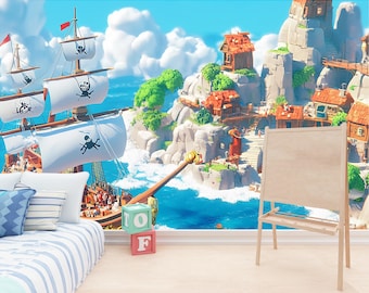 Mural De Pared Con Diseño De Barco Pirata Para Niños, Vinilo Autoadhesivo Para Despegar Y Pegar, Decoración De Pared Grande, Arte De Pared Imprimible, 49.2 In X 34.3 In (49.2 X
