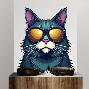 Pegatinas de pared con diseño de gafas de sol y gato, decoración de gatos, arte de pared para gatos, calcomanías para amantes de los gatos, animales, mamá gata, calcomanías de pared para baño, vinilo 091DE