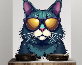 Cute Cat Sunglasses wall decal Cat decor Cat wall art Decal Cat Lover Animals Cat Mom Wall Bathroom Wall Decals Stickers Vinyl 091DE