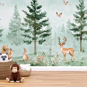 Woodland Forest Animal Nursery Wallpaper – Deer, Bunny, Tree Wall Mural for Baby Room, Nature Theme Wall Decor Vn262