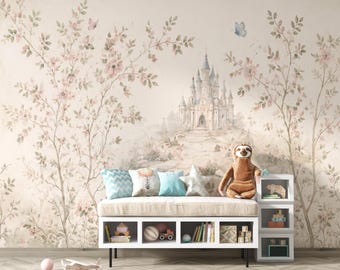 Luxury Fairytale Castle Wallpaper – Feminine Pastel Princess Wall Mural, Watercolor Medieval Castle, Blush & Cream