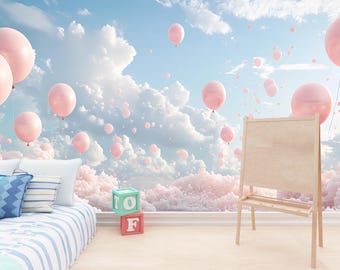 ピンクの風船と雲の保育園の壁画 – 夢のような空のベビールーム壁紙